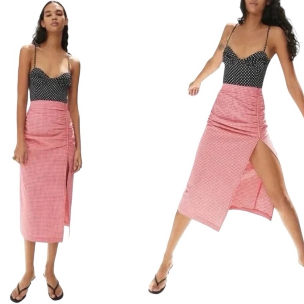 Zara Gingham High- Slit Zip Ruched Tea Length Skirt